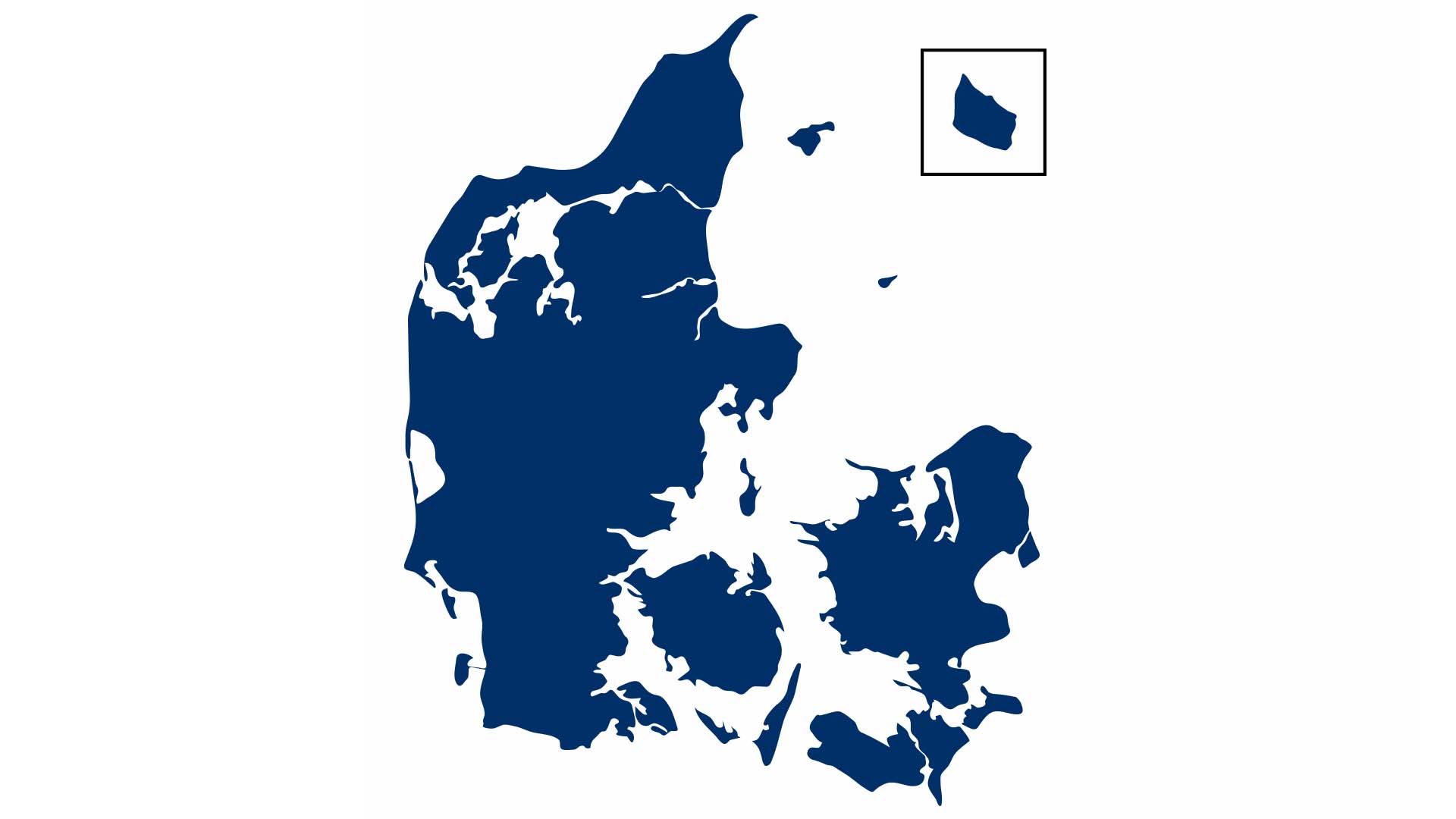 Danmarkskort med markering af TREFOR El-net og El-net Øst forsyningsområder i Trekantområdet og på Bornholm.