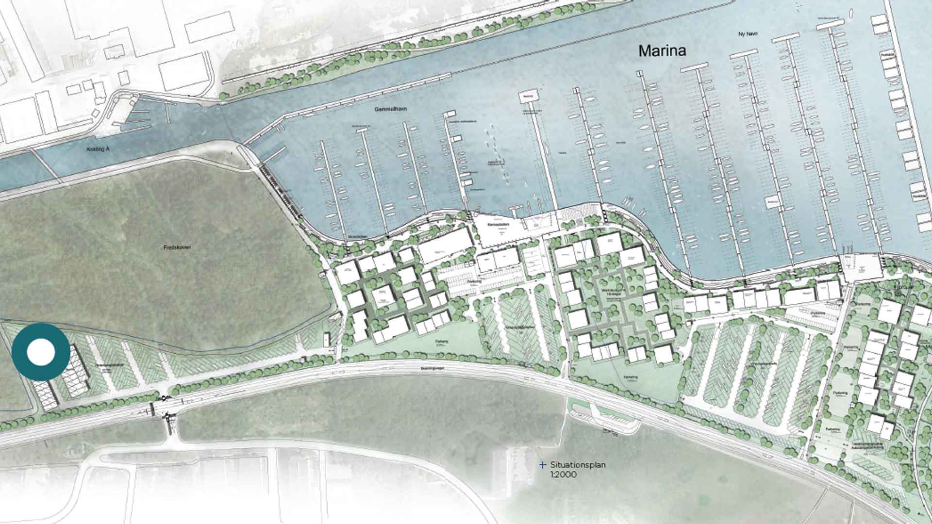 Illustration af placering af ny transformerstation ved Marina City i Kolding